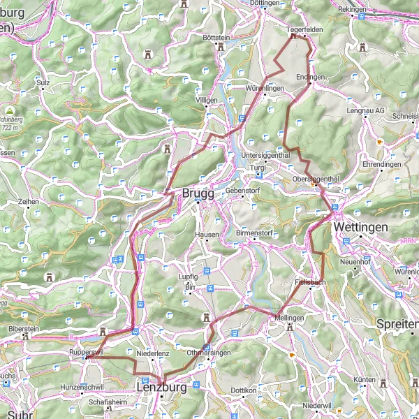 Map miniature of "Rupperswil to Baden" cycling inspiration in Nordwestschweiz, Switzerland. Generated by Tarmacs.app cycling route planner