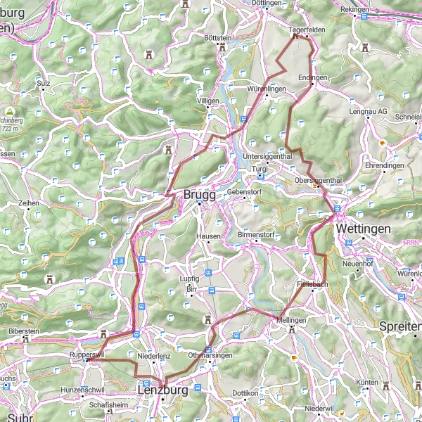 Miniatura della mappa di ispirazione al ciclismo "Gravel Route da Rupperswil a Mellingen" nella regione di Nordwestschweiz, Switzerland. Generata da Tarmacs.app, pianificatore di rotte ciclistiche