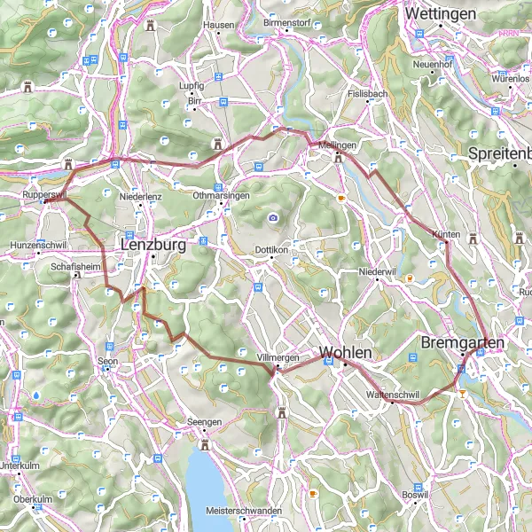 Map miniature of "Discover Möriken and Villmergen Gravel" cycling inspiration in Nordwestschweiz, Switzerland. Generated by Tarmacs.app cycling route planner