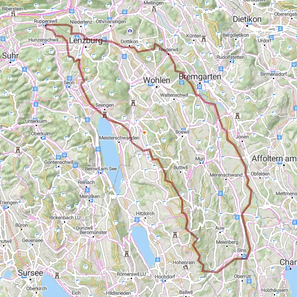 Map miniature of "Gravel Adventure through Lenzburg and Lindenberg" cycling inspiration in Nordwestschweiz, Switzerland. Generated by Tarmacs.app cycling route planner
