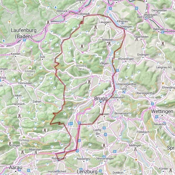 Miniatua del mapa de inspiración ciclista "Exploración Gravel de Aargau" en Nordwestschweiz, Switzerland. Generado por Tarmacs.app planificador de rutas ciclistas