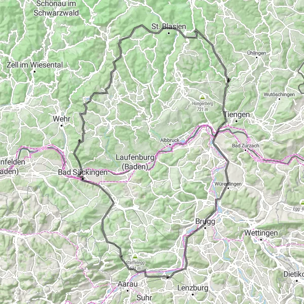 Miniatua del mapa de inspiración ciclista "Gran Aventura Ciclista por Bad Säckingen y Habsburg" en Nordwestschweiz, Switzerland. Generado por Tarmacs.app planificador de rutas ciclistas