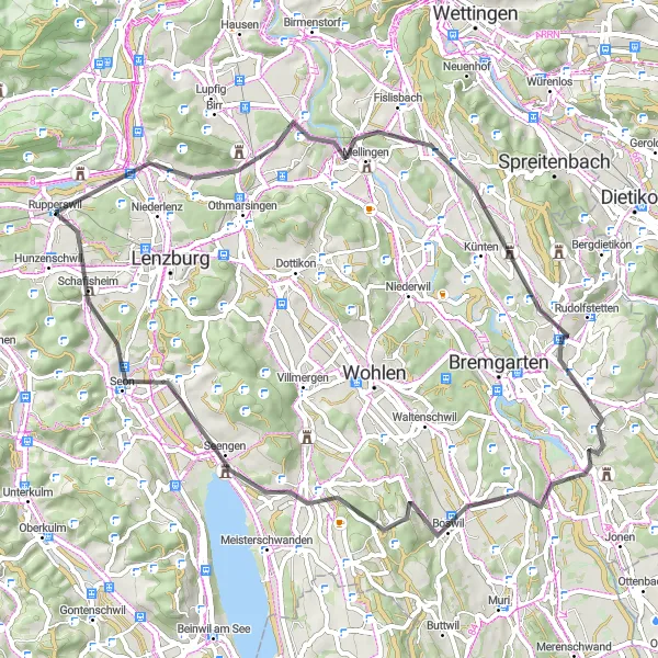 Miniatura della mappa di ispirazione al ciclismo "Giro Stradale Mellingen - Schafisheim" nella regione di Nordwestschweiz, Switzerland. Generata da Tarmacs.app, pianificatore di rotte ciclistiche