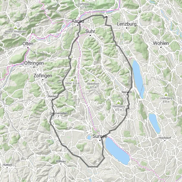 Map miniature of "Scenic Ride through Rupperswil and Sursee" cycling inspiration in Nordwestschweiz, Switzerland. Generated by Tarmacs.app cycling route planner