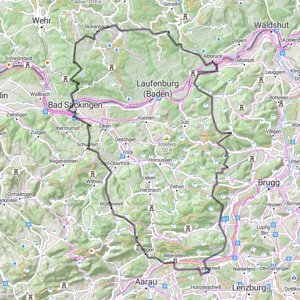 Map miniature of "Rupperswil to Bözbergpass" cycling inspiration in Nordwestschweiz, Switzerland. Generated by Tarmacs.app cycling route planner