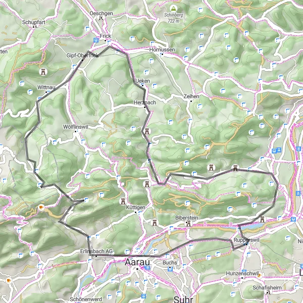 Map miniature of "Aarau and Frick Road Cycling Route" cycling inspiration in Nordwestschweiz, Switzerland. Generated by Tarmacs.app cycling route planner