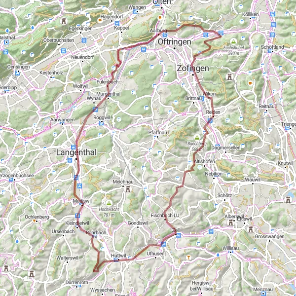 Miniatura della mappa di ispirazione al ciclismo "Avventura in Gravel tra Safenwil e Murgenthal" nella regione di Nordwestschweiz, Switzerland. Generata da Tarmacs.app, pianificatore di rotte ciclistiche