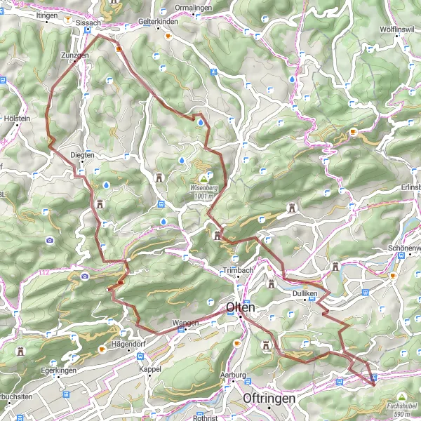 Mapa miniatúra "Gravel cyklistická trasa na 64 km cez Känzeli až po Dulliken" cyklistická inšpirácia v Nordwestschweiz, Switzerland. Vygenerované cyklistickým plánovačom trás Tarmacs.app