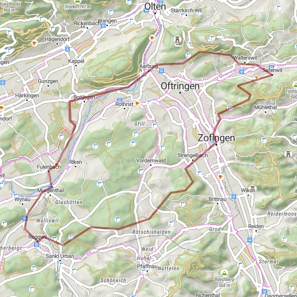 Miniatua del mapa de inspiración ciclista "Ruta de grava a través de Murgenthal y Rothrist desde Safenwil" en Nordwestschweiz, Switzerland. Generado por Tarmacs.app planificador de rutas ciclistas