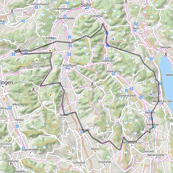 Miniaturní mapa "64 km okruh po silnici" inspirace pro cyklisty v oblasti Nordwestschweiz, Switzerland. Vytvořeno pomocí plánovače tras Tarmacs.app