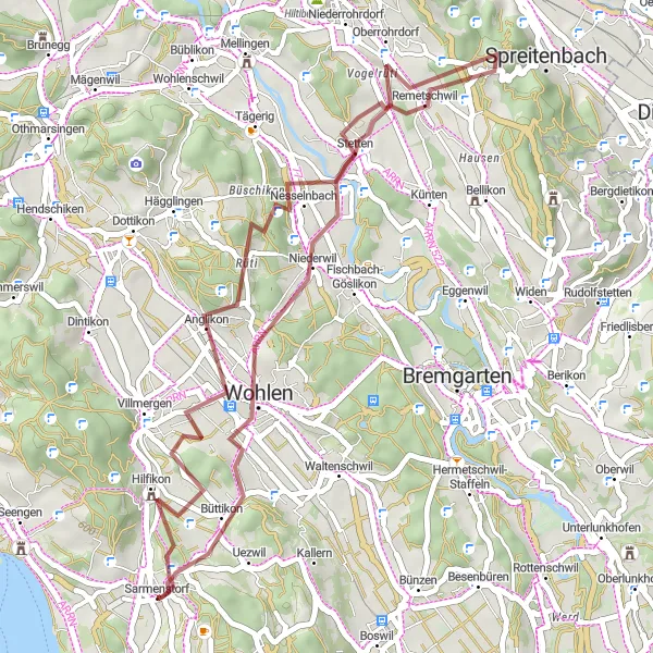 Map miniature of "Gravel Exploration in Niederwil and Remetschwil" cycling inspiration in Nordwestschweiz, Switzerland. Generated by Tarmacs.app cycling route planner