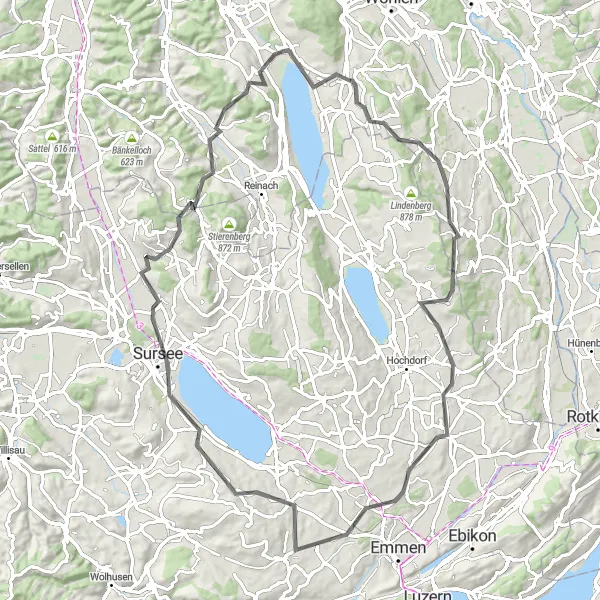 Map miniature of "Buttwil and Sursee Loop" cycling inspiration in Nordwestschweiz, Switzerland. Generated by Tarmacs.app cycling route planner