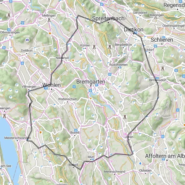 Miniatua del mapa de inspiración ciclista "Ruta de ciclismo en carretera Wohlen-Aristau" en Nordwestschweiz, Switzerland. Generado por Tarmacs.app planificador de rutas ciclistas