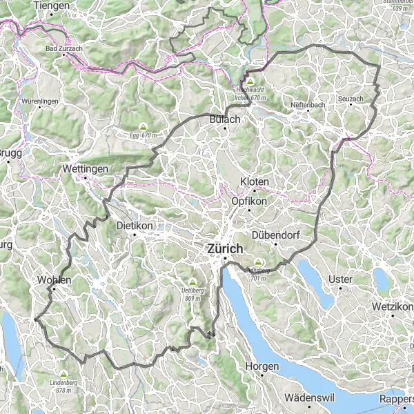 Zemljevid v pomanjšavi "Izzivajoča cestna avantura" kolesarske inspiracije v Nordwestschweiz, Switzerland. Generirano z načrtovalcem kolesarskih poti Tarmacs.app