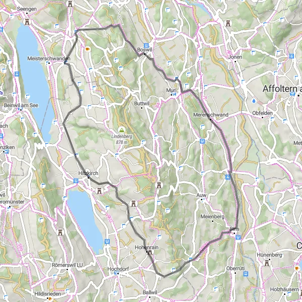 Miniature de la carte de l'inspiration cycliste "Tour de la Campagne de Sarmenstorf" dans la Nordwestschweiz, Switzerland. Générée par le planificateur d'itinéraire cycliste Tarmacs.app