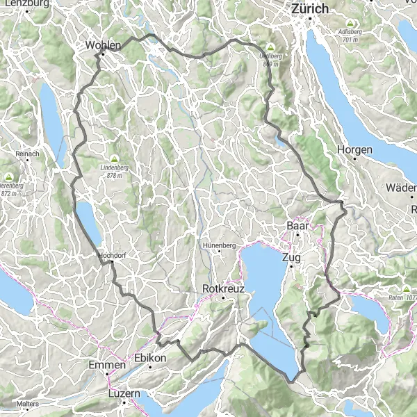 Miniatuurkaart van de fietsinspiratie "Rondrit van Sarmenstorf via Wohlen en Uetliberg" in Nordwestschweiz, Switzerland. Gemaakt door de Tarmacs.app fietsrouteplanner