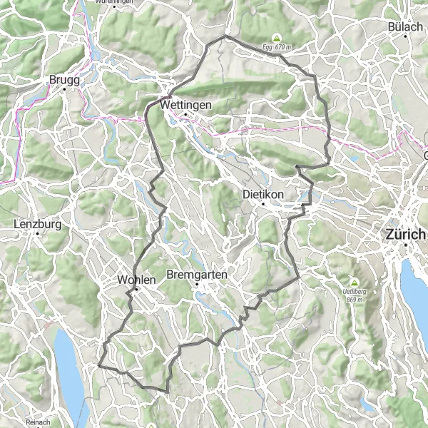 Miniatuurkaart van de fietsinspiratie "Fietsroute rond Sarmenstorf via Baden en Regensdorf" in Nordwestschweiz, Switzerland. Gemaakt door de Tarmacs.app fietsrouteplanner