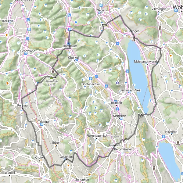 Zemljevid v pomanjšavi "63 km cesta v Nordwestschweizu" kolesarske inspiracije v Nordwestschweiz, Switzerland. Generirano z načrtovalcem kolesarskih poti Tarmacs.app
