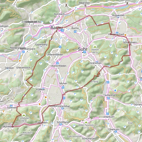 Miniatura della mappa di ispirazione al ciclismo "Giro in Gravel intorno a Schafisheim" nella regione di Nordwestschweiz, Switzerland. Generata da Tarmacs.app, pianificatore di rotte ciclistiche