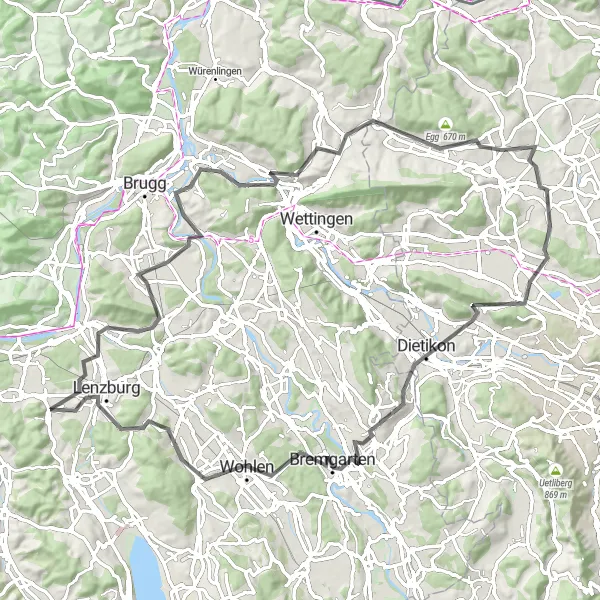 Miniature de la carte de l'inspiration cycliste "La Boucle du Mutschellenpass" dans la Nordwestschweiz, Switzerland. Générée par le planificateur d'itinéraire cycliste Tarmacs.app