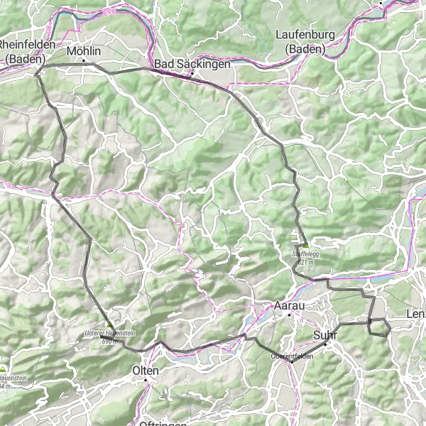 Kartminiatyr av "Suhr - Sissach - Rheinfelden Loop" cykelinspiration i Nordwestschweiz, Switzerland. Genererad av Tarmacs.app cykelruttplanerare