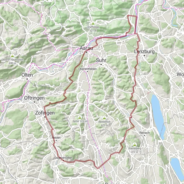 Map miniature of "Schinznach-Niederlenz-Staufberg-Zetzwil-Büron-Zofingen-Oberholz-Aarau-Auenstein" cycling inspiration in Nordwestschweiz, Switzerland. Generated by Tarmacs.app cycling route planner