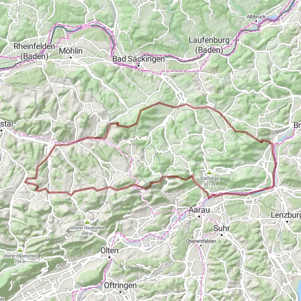 Map miniature of "The Wildegg Gravel Adventure" cycling inspiration in Nordwestschweiz, Switzerland. Generated by Tarmacs.app cycling route planner