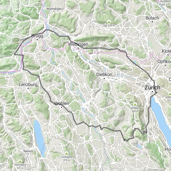 Map miniature of "Schinznach-Brugg-Bruggerberg-Baden-Sulperg-Zurich-Lindenhof-Adliswil-Rothirsch-Aeugsterberg-Affoltern am Albis-Wohlen-Holderbank" cycling inspiration in Nordwestschweiz, Switzerland. Generated by Tarmacs.app cycling route planner