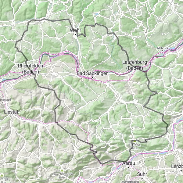 Kartminiatyr av "Utmanande Cykeläventyr genom Nordvästschweiz" cykelinspiration i Nordwestschweiz, Switzerland. Genererad av Tarmacs.app cykelruttplanerare