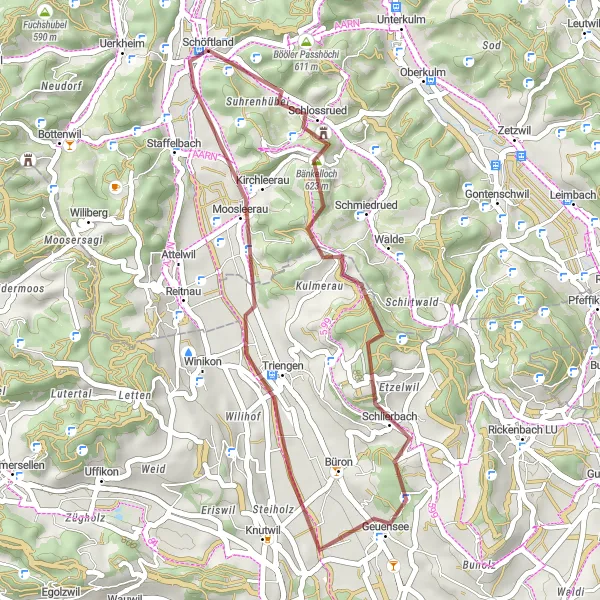 Kartminiatyr av "Triengen til Schöftland Grusvei Loop" sykkelinspirasjon i Nordwestschweiz, Switzerland. Generert av Tarmacs.app sykkelrutoplanlegger