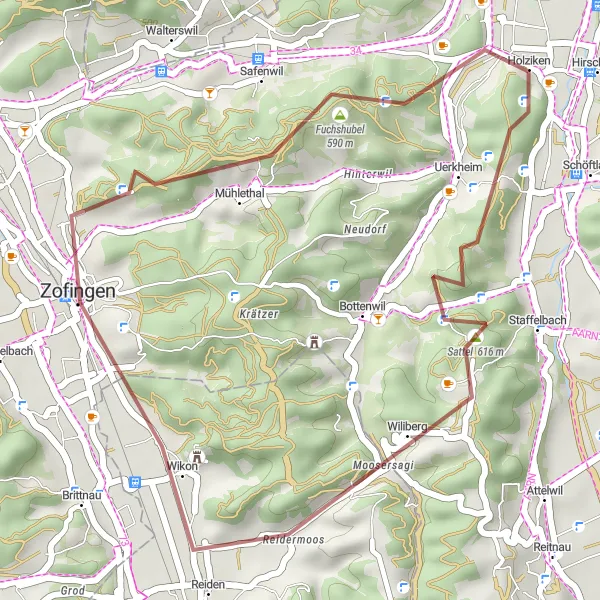 Karttaminiaatyyri "Gravel reitti Safenwiliin" pyöräilyinspiraatiosta alueella Nordwestschweiz, Switzerland. Luotu Tarmacs.app pyöräilyreittisuunnittelijalla