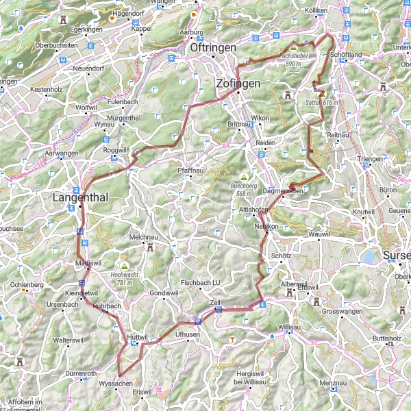 Mapa miniatúra "Gravel Tour Through Emmental Countryside" cyklistická inšpirácia v Nordwestschweiz, Switzerland. Vygenerované cyklistickým plánovačom trás Tarmacs.app