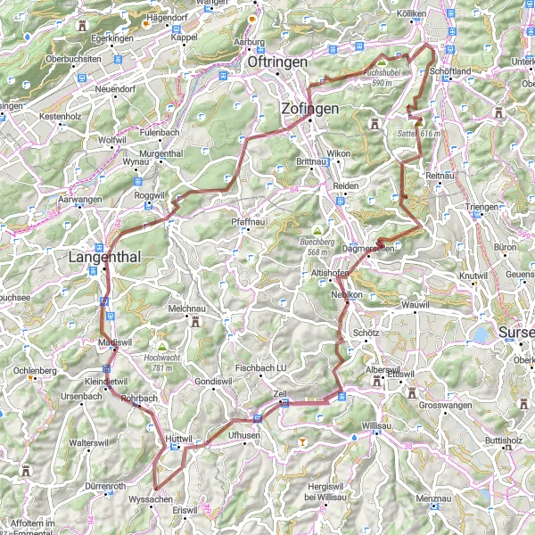 Miniaturekort af cykelinspirationen "Sattel - Zofingen Gruscykelrute" i Nordwestschweiz, Switzerland. Genereret af Tarmacs.app cykelruteplanlægger