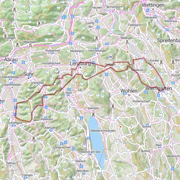 Mapa miniatúra "Gravelový okruh cez Ammerswil a Lenzburg" cyklistická inšpirácia v Nordwestschweiz, Switzerland. Vygenerované cyklistickým plánovačom trás Tarmacs.app