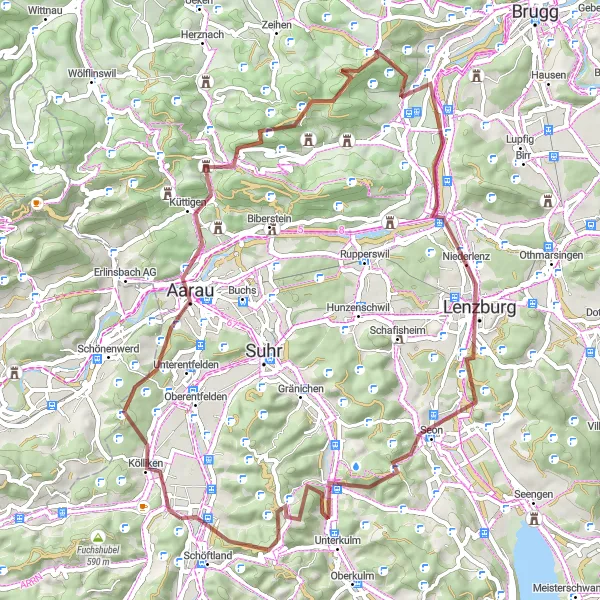 Miniatua del mapa de inspiración ciclista "Ruta de Grava a través de Schöftland y alrededores" en Nordwestschweiz, Switzerland. Generado por Tarmacs.app planificador de rutas ciclistas