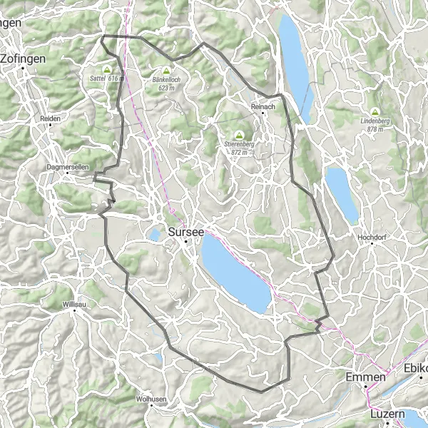 Miniatua del mapa de inspiración ciclista "Ruta de Schöftland a Reitnau y Uerkheim" en Nordwestschweiz, Switzerland. Generado por Tarmacs.app planificador de rutas ciclistas