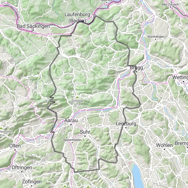 Miniature de la carte de l'inspiration cycliste "Le Grand Tour de Lenzburg" dans la Nordwestschweiz, Switzerland. Générée par le planificateur d'itinéraire cycliste Tarmacs.app