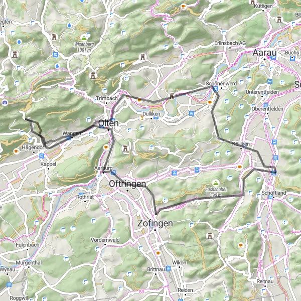 Miniatua del mapa de inspiración ciclista "Excursión en carretera hacia Kölliken" en Nordwestschweiz, Switzerland. Generado por Tarmacs.app planificador de rutas ciclistas
