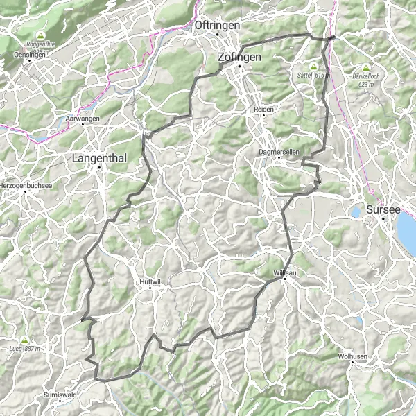 Miniatuurkaart van de fietsinspiratie "Tocht naar Eriswil via Willisau" in Nordwestschweiz, Switzerland. Gemaakt door de Tarmacs.app fietsrouteplanner