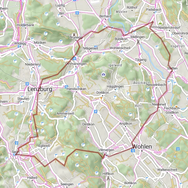 Kartminiatyr av "Kulturell Utforskning - Grusvei Eventyr" sykkelinspirasjon i Nordwestschweiz, Switzerland. Generert av Tarmacs.app sykkelrutoplanlegger
