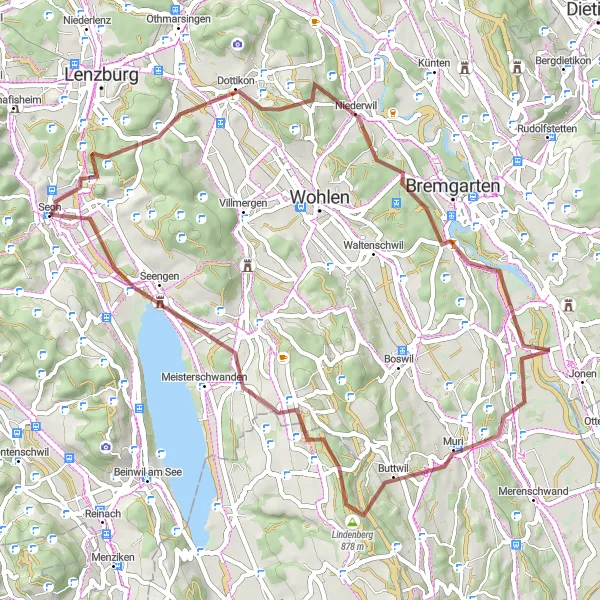 Miniatura della mappa di ispirazione al ciclismo "Traversata panoramica di Seon" nella regione di Nordwestschweiz, Switzerland. Generata da Tarmacs.app, pianificatore di rotte ciclistiche