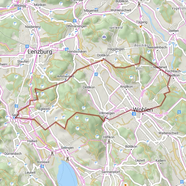 Miniatura della mappa di ispirazione al ciclismo "Giro in Gravel attraverso le campagne vicino a Seon" nella regione di Nordwestschweiz, Switzerland. Generata da Tarmacs.app, pianificatore di rotte ciclistiche