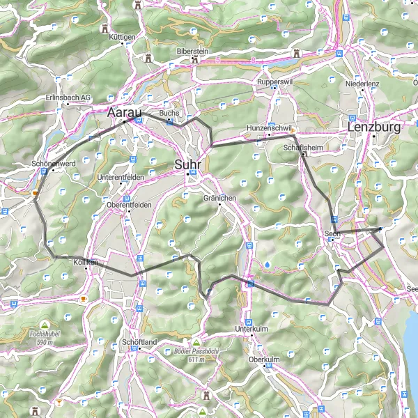 Karttaminiaatyyri "Kauniin maaseudun halki" pyöräilyinspiraatiosta alueella Nordwestschweiz, Switzerland. Luotu Tarmacs.app pyöräilyreittisuunnittelijalla