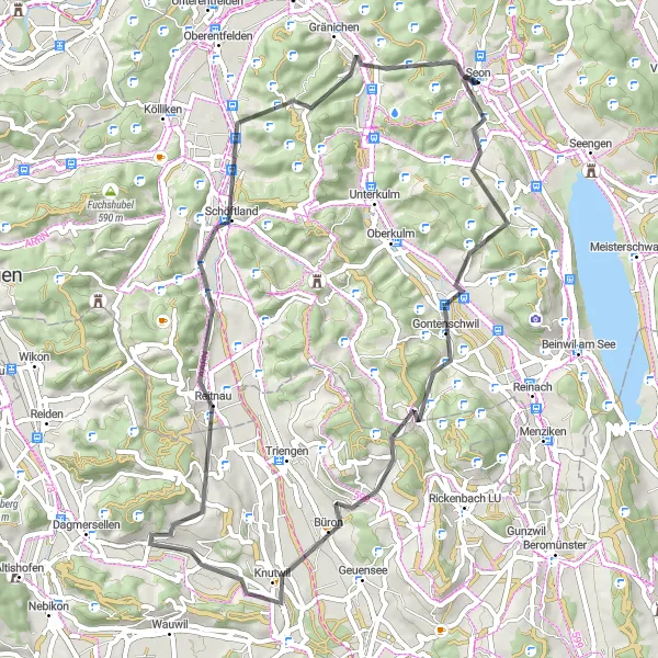 Miniaturní mapa "Cyklistická trasa Seon - Elleberg - Zetzwil - Knutwil - Reitnau - Buechlisberg - Schürberg - Seon" inspirace pro cyklisty v oblasti Nordwestschweiz, Switzerland. Vytvořeno pomocí plánovače tras Tarmacs.app