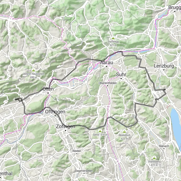 Kartminiatyr av "Panoramautsikt og landsbygdsidyll på veien til Egliswil" sykkelinspirasjon i Nordwestschweiz, Switzerland. Generert av Tarmacs.app sykkelrutoplanlegger