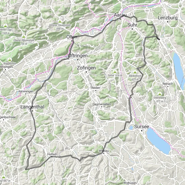 Map miniature of "Around Seon" cycling inspiration in Nordwestschweiz, Switzerland. Generated by Tarmacs.app cycling route planner