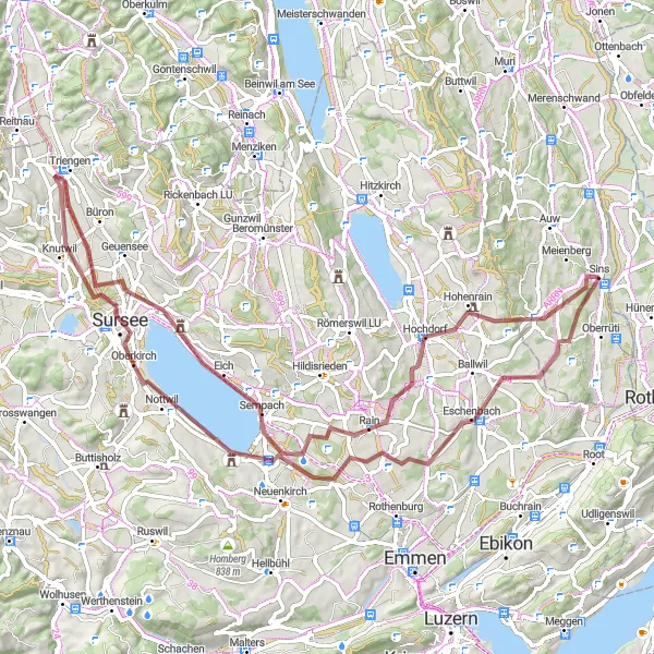 Miniaturní mapa "Sins - Lake Sempach - Winterhalden" inspirace pro cyklisty v oblasti Nordwestschweiz, Switzerland. Vytvořeno pomocí plánovače tras Tarmacs.app
