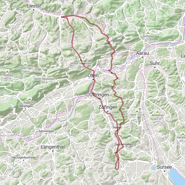 Miniatura della mappa di ispirazione al ciclismo "Circuito Gravel Attorno a Olten" nella regione di Nordwestschweiz, Switzerland. Generata da Tarmacs.app, pianificatore di rotte ciclistiche