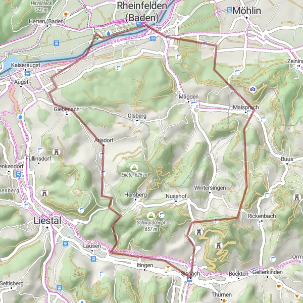 Miniature de la carte de l'inspiration cycliste "Escapade pittoresque à Rheinfelden" dans la Nordwestschweiz, Switzerland. Générée par le planificateur d'itinéraire cycliste Tarmacs.app
