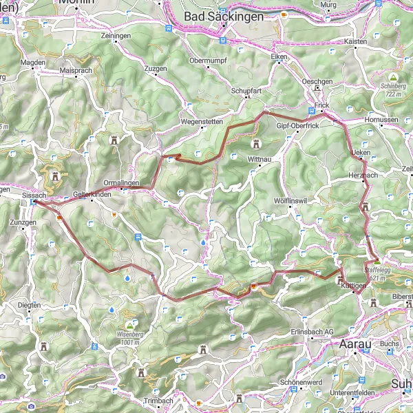 Miniatura della mappa di ispirazione al ciclismo "Escursione di Gravel da Sissach a Frick" nella regione di Nordwestschweiz, Switzerland. Generata da Tarmacs.app, pianificatore di rotte ciclistiche